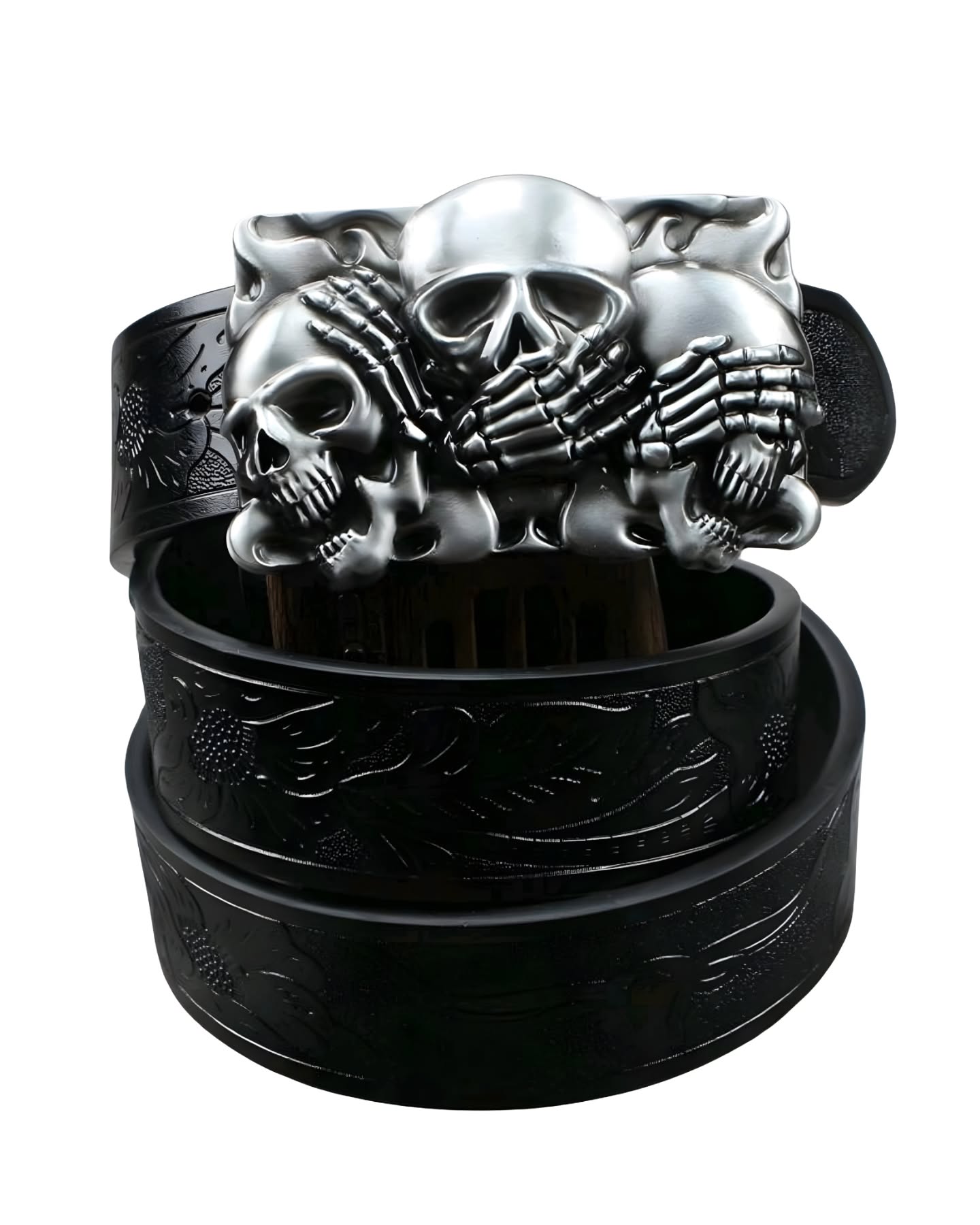 correa negra con relieve/calaveras