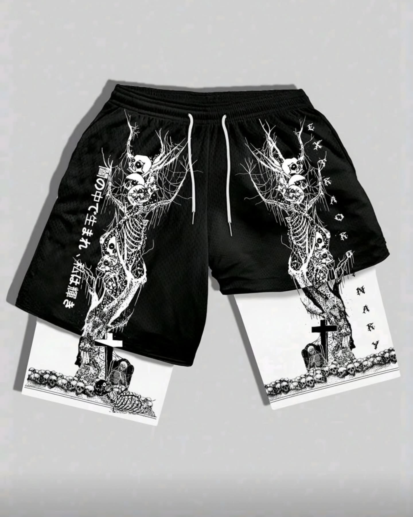 short negro con blanco estampado esqueleto
