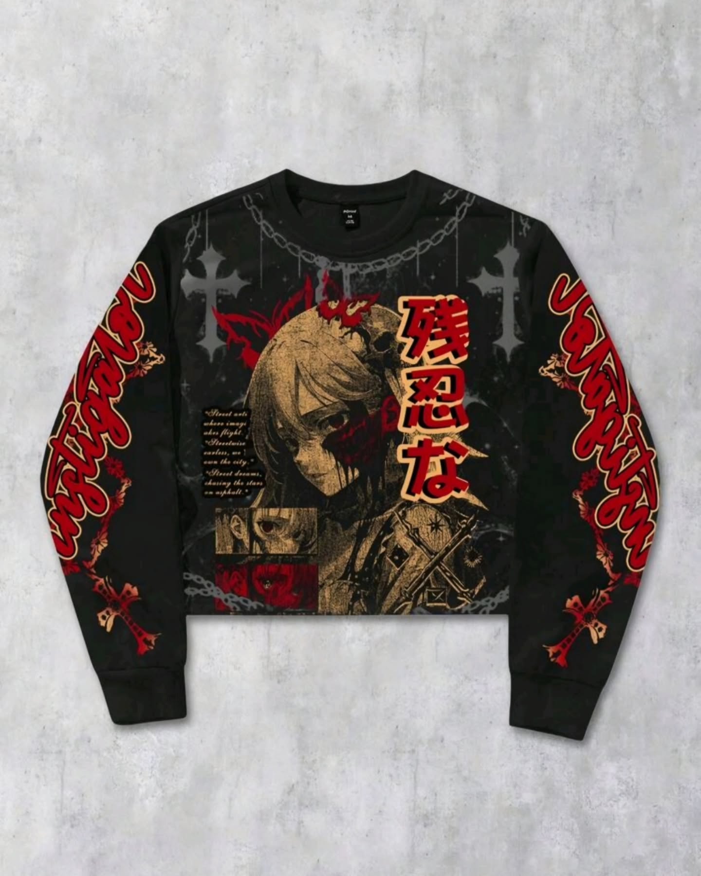 suéter corto crop top negro con diseño rojo asiático