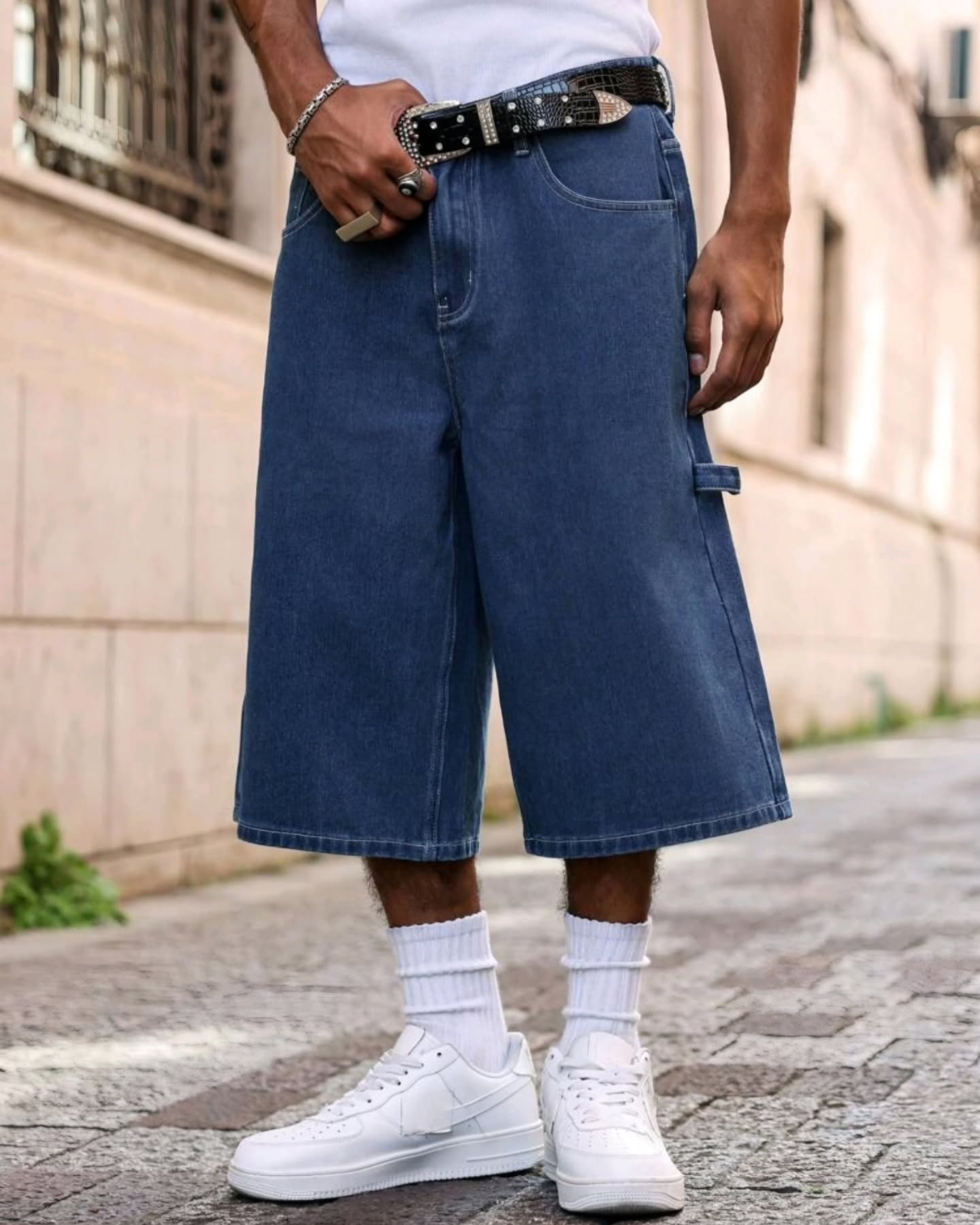 bermuda jean azul larga sencilla holgada