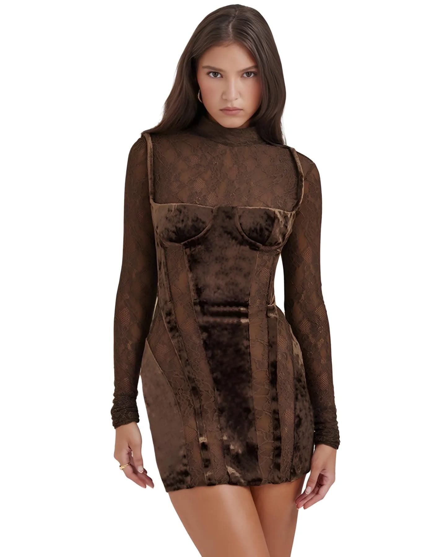 Vestido corto marrón con encaje arriba