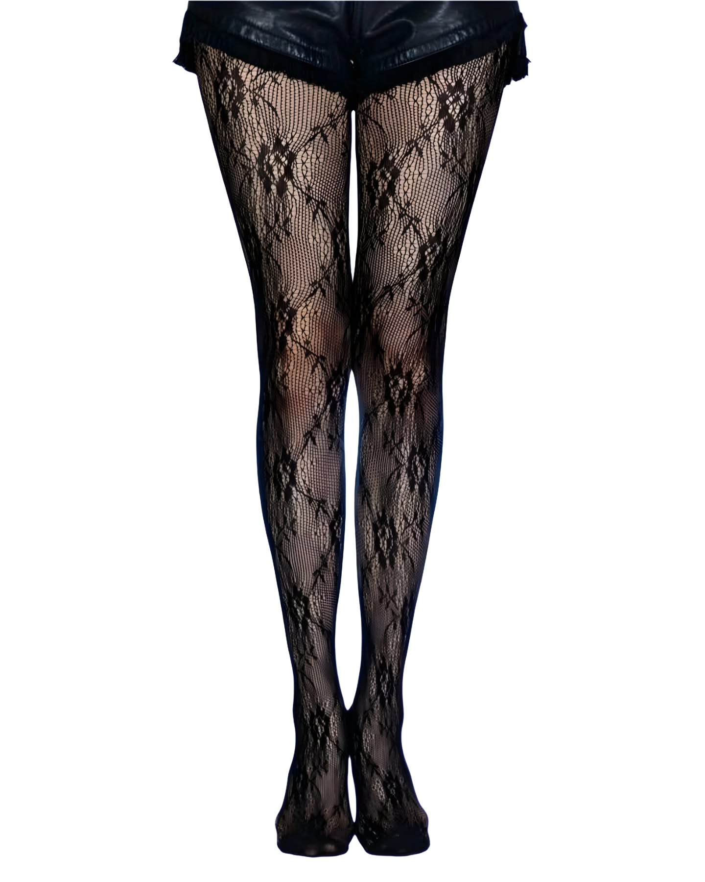 medias panty negras florales con líneas de hojas