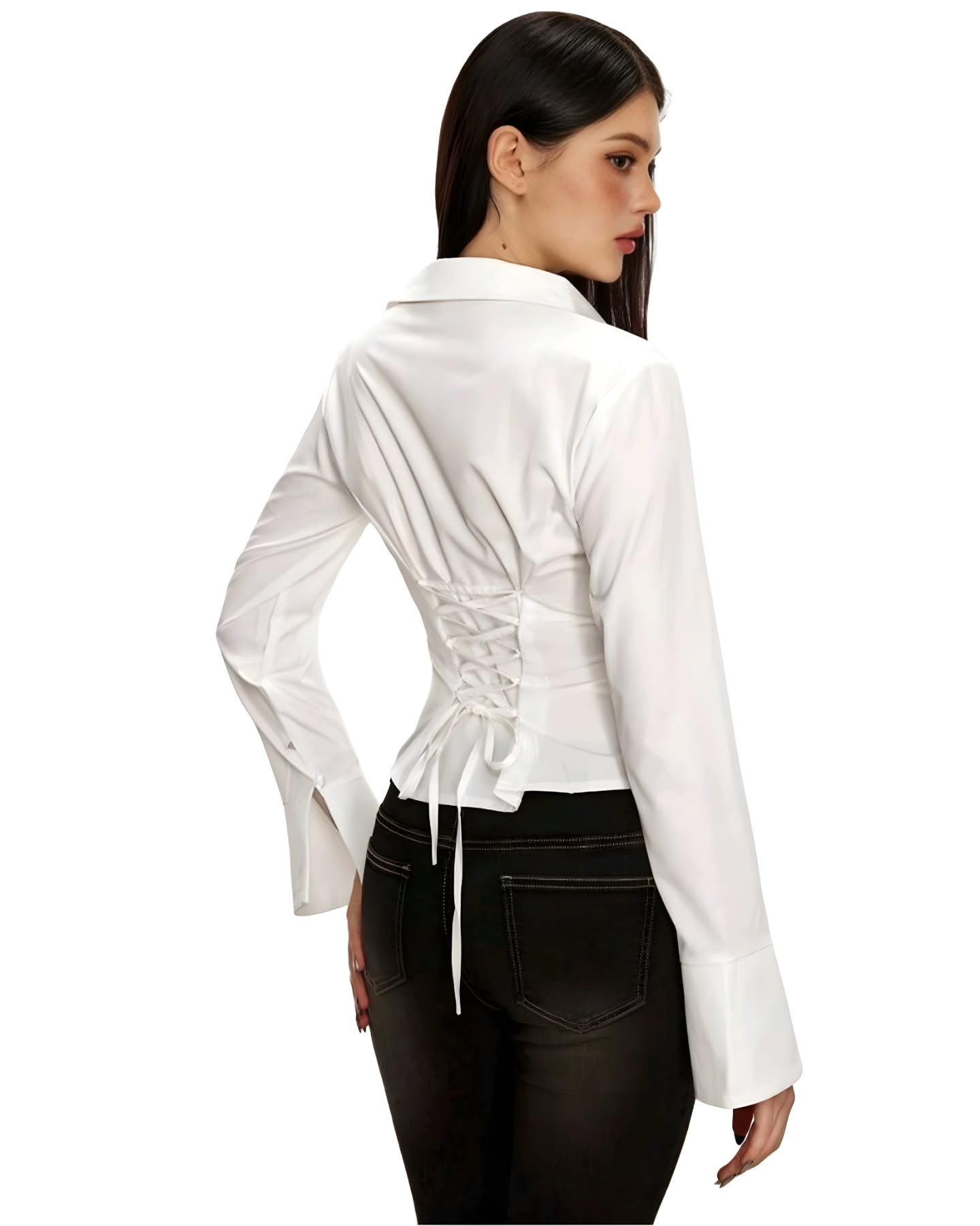 camisa manga larga con cuerdas atrás blanca
