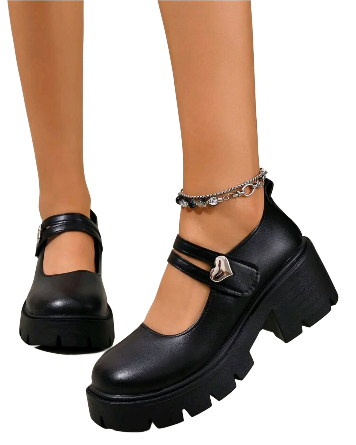 Zapatos negros mate colegial con doble cinta y corazón