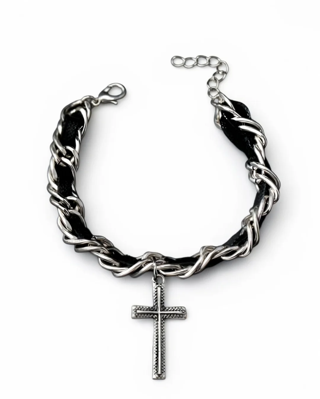 Pulsera Negra Con Cadena Entrelazada Y Cruz Plateada