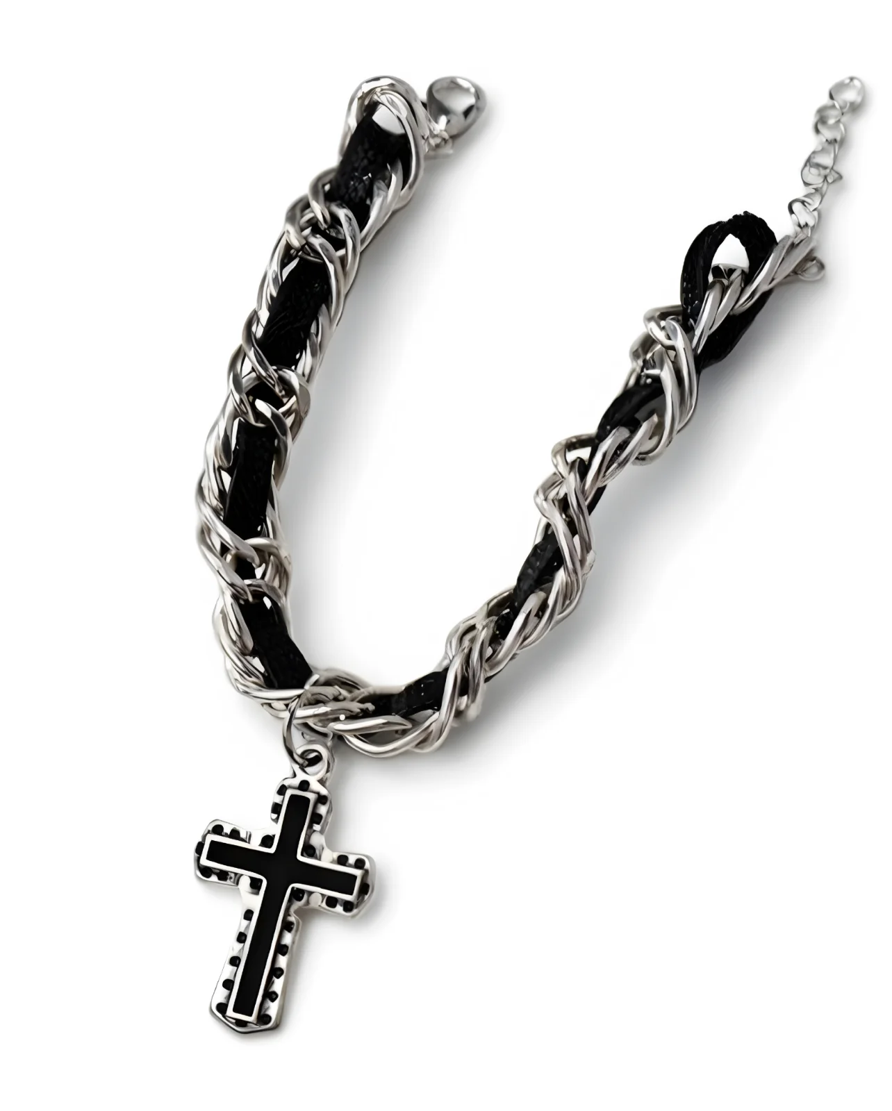 Pulsera Negra Con Cadena Entrelazada Y Cruz Negra